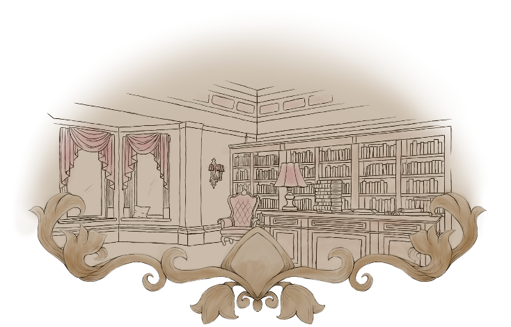Library scene illustration from Secrets of Elyssium